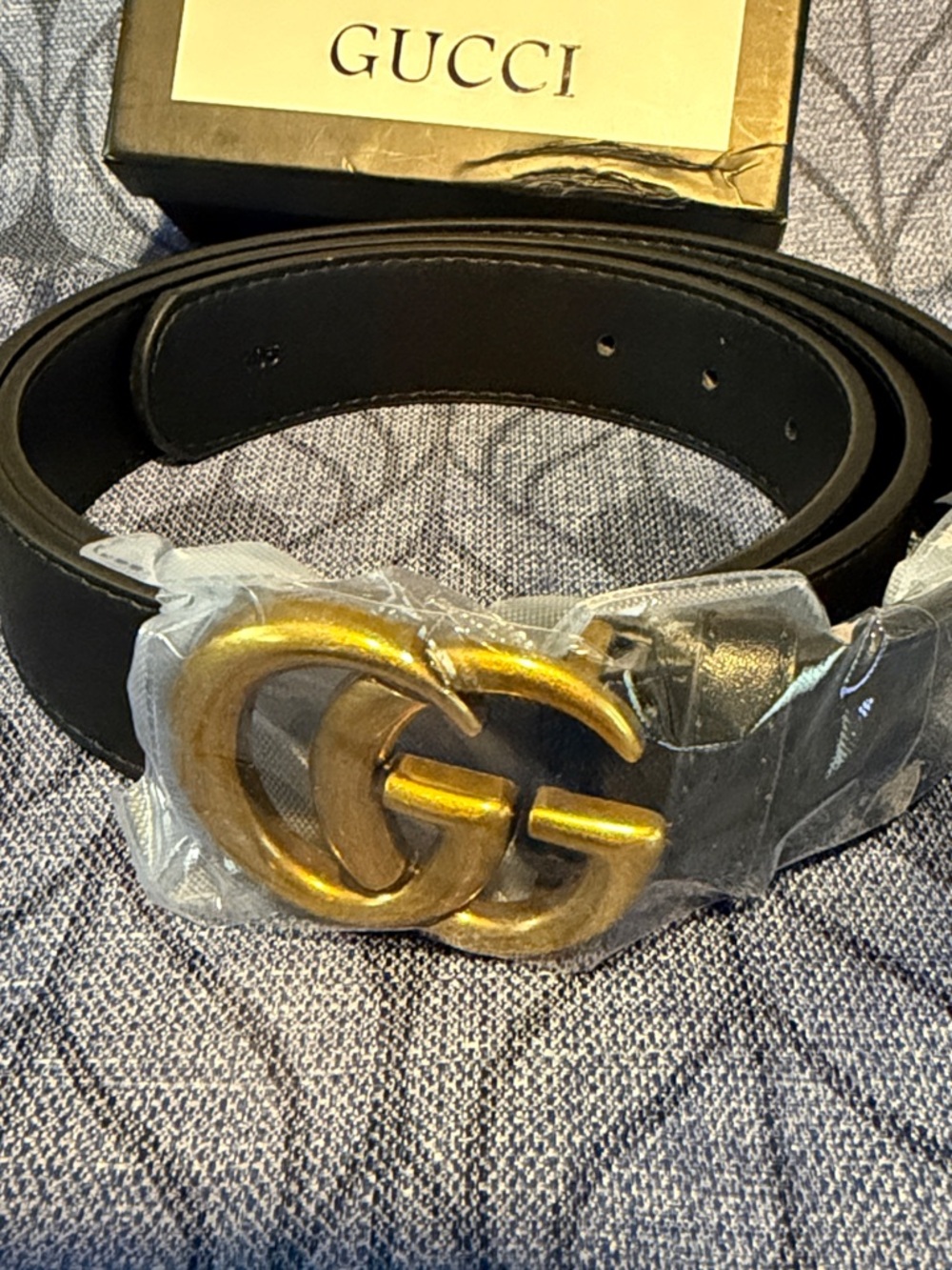 Black Leather Belt with Gold Double G Buckle